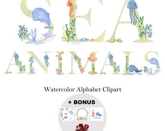 Sea animals alphabet, watercolor letters and numbers.