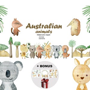 Lindos animales australianos, clipart de acuarela.