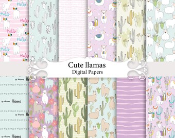 Puede incluir: Una colección de papeles digitales con lindas llamas y cactus en varios patrones. Los papeles incluyen diseños con llamas con accesorios coloridos, cactus y fondos a rayas y punteados. El texto incluye "Cute llamas Digital Papers" y "no drama llama".