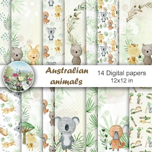 Watercolor australian animals scrapbook papers, kids seamless patterns.