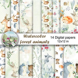Carte per scrapbooking con animali della foresta acquerellati, motivi senza soluzione di continuità, cervo, lupo, coniglio, orso, riccio.