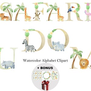 Alfabeto de animales de safari en acuarela, imágenes prediseñadas de letras y números, imágenes prediseñadas de acuarela, creador de nombres, monograma, baby shower.