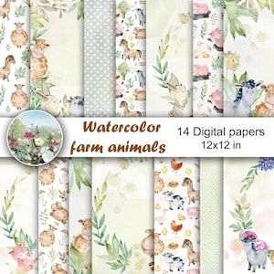 Watercolor farm animals scrapbook papers, seamless patterns, cow, horse, sheep, bunny, pig.