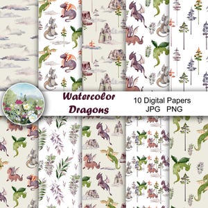May include: Ten digital papers featuring watercolor illustrations of dragons in various poses. The papers have a white background with green and purple accents. The text "Watercolor Dragons" and "10 Digital Papers JPG PNG" is included in the image.