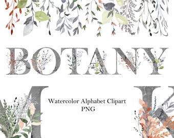 Watercolor Floral Alphabet Clipart: Botanical Letters & Numbers PNG (Digital Download)