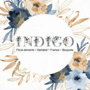 Aquarel pioenroos clipart, bloemen alfabet, goud en blauwe bladeren, bloemen frame, bruiloft clipart, gebladerte.