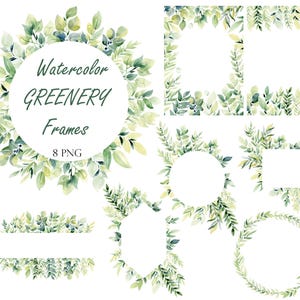 Watercolor greenery frames clipart, 8 PNG green leaf wreaths & borders, botanical wedding invitations, card design, digital scrapbooking.
