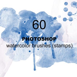 May include: A digital graphic with a blue watercolour design, the number "60" in black, and the text "PHOTOSHOP watercolour brushes (stamps)". The background is white with blue watercolour splatters.