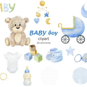 Aquarelle bleu bébé garçon jouets Clipart, ours en peluche, art de la chambre d'enfant, adorable téléchargement numérique.