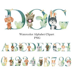 Watercolor dog breeds alphabet clipart, digital personal kids letters and numbers clip art, individual initial monogram, nursery art.