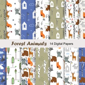May include: A collection of 14 digital papers featuring whimsical forest animal patterns. Designs include foxes, raccoons, bears, deer, and rabbits, set against backgrounds of trees, houses, and clouds. The text "Forest Animals" is displayed.
