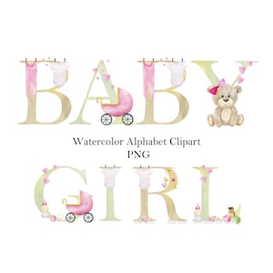 Aquarell Baby Mädchen Alphabet, Babyparty, niedliche Buchstaben, Zahlen, Name Ersteller, Monogramm, Clipart png.