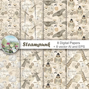 Vektor Steampunk Papier, digitale nahtlose Muster, Scrapbook Papier Pack, Giraffe, Eule, Papagei, Schwan, Schmetterling, eps.