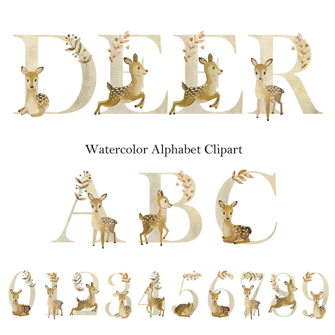 Watercolor Deer Alphabet Clipart, Brown Letters and Numbers, Baby ...
