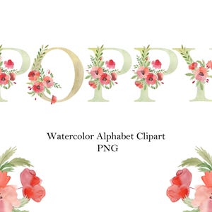 Aquarell Blumenalphabet, rote Mohnblumen, Buchstaben und Zahlen Clipart, PNG, Blumen Clipart, Name Schöpfer, Monogramm.