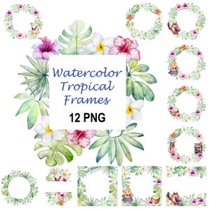 Puede incluir: Doce marcos tropicales de acuarela con hojas verdes, flores rosas y blancas y varios elementos tropicales. Los marcos son perfectos para agregar un toque de trópicos a tus diseños.
