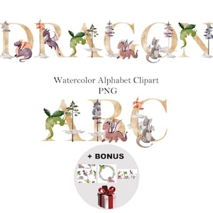 May include: Watercolor alphabet clipart featuring the letters D, R, A, G, O, N, A, B, C with cute dragons and trees. The letters are in a gold color with a white background. The clipart includes a bonus set of additional images.