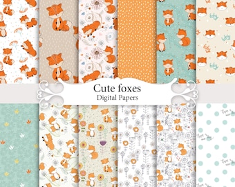 Cute fox digital paper, woodland baby shower backgrounds, nursery scrapbook fox seamless patterns.
