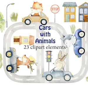 Aquarelle animaux de la forêt dans les voitures clipart, art de la chambre d'enfants, png, ville, fond transparent, renard, ours, cerf, hérisson, loup, lapin.