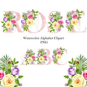 May include: Watercolor alphabet clipart featuring letters adorned with floral arrangements of pink, yellow, and purple roses, and green foliage. The letters have a geometric design and are in a soft pink color. The text "Watercolor Alphabet Clipart PNG" is also present.