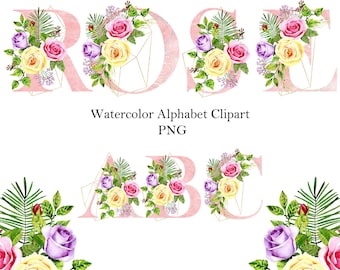 Könnte beinhalten: Aquarell-Alphabet-Clipart mit Buchstaben, die mit floralen Arrangements aus rosa, gelben und lila Rosen und grünem Laub geschmückt sind. Die Buchstaben haben ein geometrisches Design und sind in einem zarten Rosa gehalten. Der Text lautet "Watercolor Alphabet Clipart PNG".