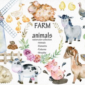 Watercolor Farm Animals Clipart, Kids PNG Illustrations, Nursery Art, Seamless Patterns.