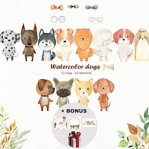 Watercolor Dog Breeds Clipart, Cute Baby Animals PNG with Transparent Background for Invitations, Crafts and DIY Projects, Instant Download.