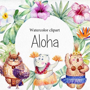 Puede incluir: Ilustración en acuarela con la palabra "Aloha". La imagen muestra un búho, un hipopótamo y un oso, cada uno adornado con collares de flores y faldas de hierba, rodeados de flores de hibisco y hojas tropicales.