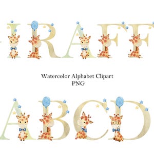 Alfabeto de jirafas de acuarela para niño, clipart de letras y números, clip art de acuarela, creador de nombres, monograma, baby shower.