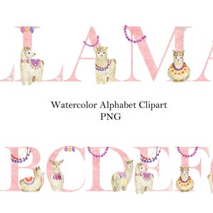 Alfabeto de llama de acuarela, letras y números rosas clipart, clip art de acuarela para niña, creador de nombres, monograma, baby shower.