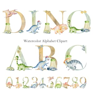 Op de afbeelding: Waterverf alfabet clipart met het woord "DINO", de letters "A", "B" en "C", en de cijfers 0-9. Elke letter en elk cijfer is versierd met dinosaurussen, vulkanen en andere prehistorische elementen. De tekst "Watercolor Alphabet Clipart" is ook inbegrepen.