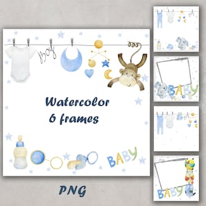Watercolor baby boy frames clipart, png transparent background, baby shower, nursery art, digital download.