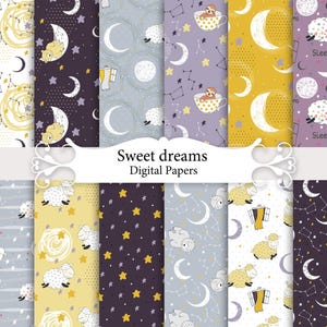 Carte con simpatici animali addormentati, modelli senza soluzione di continuità per neonati, carte per scrapbooking per bambini, pecore, bradipi, orsi, luna, stelle.
