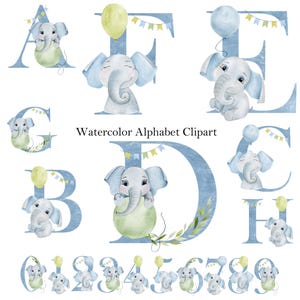 Clipart del alfabeto de elefantes lindos de acuarela, letras y números de animales de dibujos animados, descarga digital, invitación de baby shower de niño azul, png.
