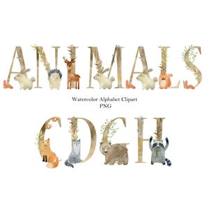 Alfabeto de animais da floresta em aquarela, letras e números clipart, clipart em aquarela, criador de nomes, monograma, chá de bebê.