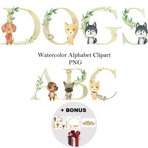 水彩画の犬種のアルファベット クリップアート、デジタルの個人的な子供向けの文字と数字、個別の性別を問わない初期モノグラム アート。