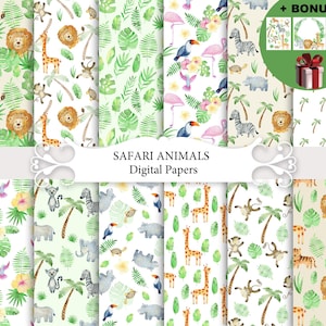 Animales de safari en acuarela, paquete de papel digital, patrones sin costuras.