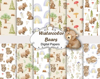 Osos de acuarela, papeles de animales del bosque, animales del bosque, patrones sin costuras para bebés, papeles de álbum de recortes para niños.