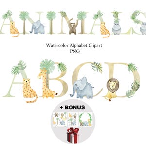 Alfabeto de animais de safári - letras e números de bebê, clipart em aquarela, monograma inicial, png, fundo transparente, decoração de berçário infantil.