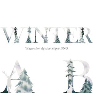 May include: Watercolor alphabet clipart PNG featuring the word "WINTER" in a soft, watercolor style. Each letter is adorned with a small evergreen tree. The image also includes the letters "A" and "B" with winter-themed illustrations.