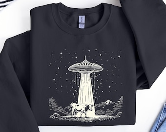 Sweatshirt ufo-koe-ontvoering, grappig western meme uit de jaren 90 grafisch zweet, retro hoodie voor buitenaardse koe ontvoering, Cryptidcore-sweater oude stijl