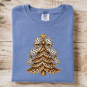 Comfort Colors Leopard Xmas Tree Shirt, Glitter Gold Bow Holiday Tee