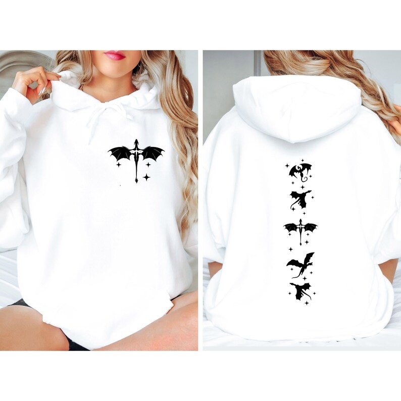 May include: White hooded sweatshirt with a black dragon design on the front and a row of five black dragons on the back.
