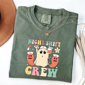 Comfort Colors® Night Shift Crew, Halloween Nurse Shirt, Retro Spooky Nurse Shirt, Registered Nurse Shirt, Nursing School Tee, Halloween RN