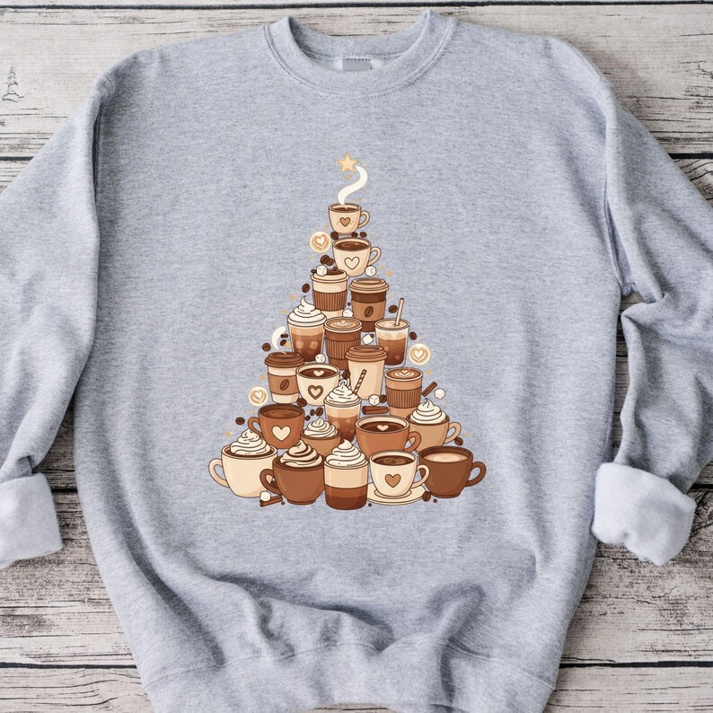 Coffee Cup Christmas Tree Sweatshirt, Holiday Latte Lover Hoodie, Barista Coffee Drinks Christmas Pullover, Winter Café Sweater image 4