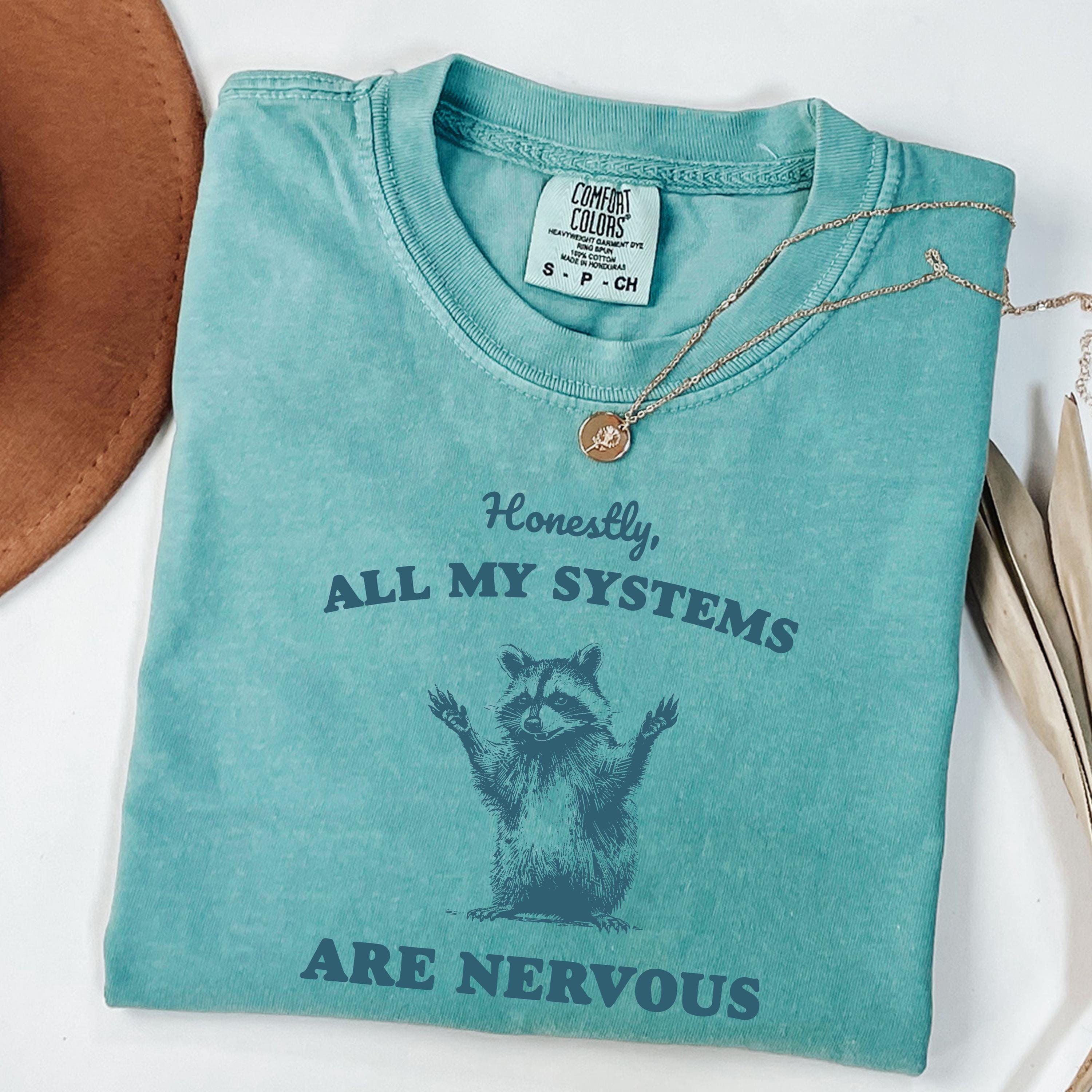 Comfort Colors® Honestly All of My Systems Are Nervous Shirt, Raccoon Shirt, Mental Health Shirt, Anxiety Shirt, Vintage Retro Graphic Tee