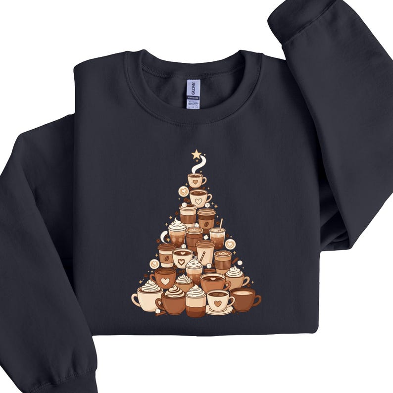 Coffee Cup Christmas Tree Sweatshirt, Holiday Latte Lover Hoodie, Barista Coffee Drinks Christmas Pullover, Winter Café Sweater image 6