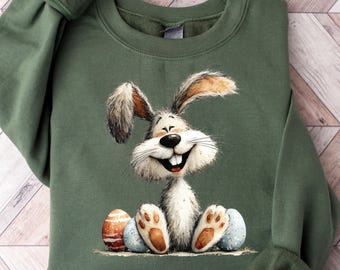 Easter Bunny Sweatshirt with Eggs • Happy Easter Spring Pullover • Smiling Bunny Easter Shirt • Cozy Spring Sweatshirt for Women Men Unisex