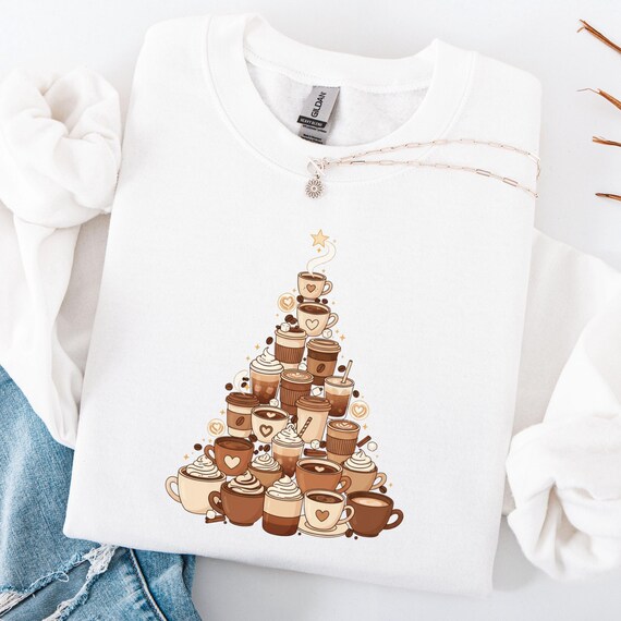Coffee Cup Christmas Tree Sweatshirt, Holiday Latte Lover Hoodie, Barista Coffee Drinks Christmas Pullover, Winter Café Sweater