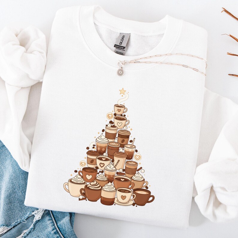 Coffee Cup Christmas Tree Sweatshirt, Holiday Latte Lover Hoodie, Barista Coffee Drinks Christmas Pullover, Winter Café Sweater image 1
